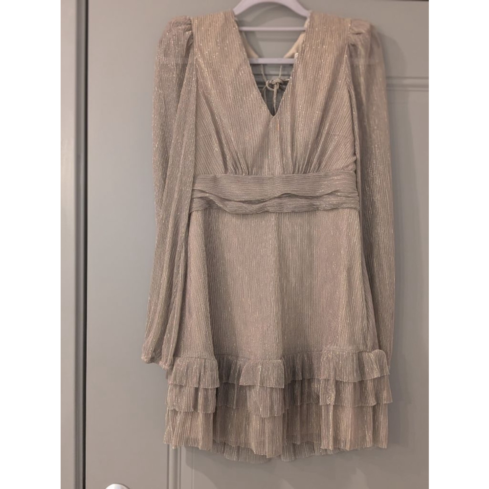 Elegant V-Neck Long Sleeve Mini Dress in Shimmery Beige